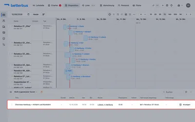 Auf dem Dienstplan taucht jede Tour, die noch keinen Bus hat, unten in der Liste auf. Der Auftrag ist geschrieben — disponiert ist er damit nicht.