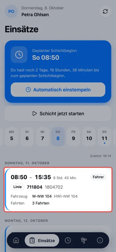 Die Dienstübersicht zeigt jeden kommenden Einsatz, Charter wie Linie. Ein Linien-Umlauf trägt die Markierung „Linie“ und die Liniennummer.