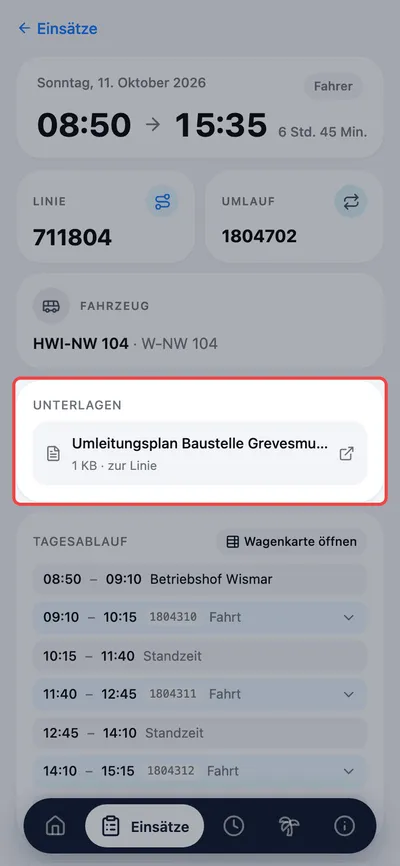 Was das Büro für diesen Umlauf oder die Linie hinterlegt hat, steht hier — ein Umleitungsplan gilt für jeden Fahrer dieser Linie, unabhängig davon, wer sie heute fährt.