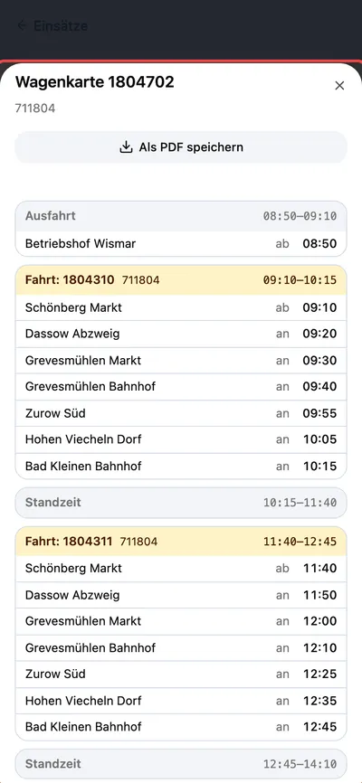 Die Wagenkarte öffnet sich als Ansicht über dem Dienst: jede Fahrt des Umlaufs mit ihrer Nummer, Start und Ziel, jede Haltestelle darunter — dieselbe Karte, die früher nur als Excel auf dem Handy lag.
