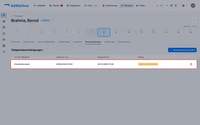 Die Bescheinigung steht in der Liste und trägt den Status „Warte auf Unterschrift“. Die Unterschrift des Unternehmens sitzt schon darauf — was noch fehlt, ist die des Fahrers.