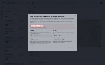 Der Dialog zeigt zuerst, was im System steht — hier zehneinhalb Stunden zwischen zwei Halten — und erklärt, warum das nicht aufgeht: über zehn Stunden am Stück ist keine zulässige Lenkzeit.