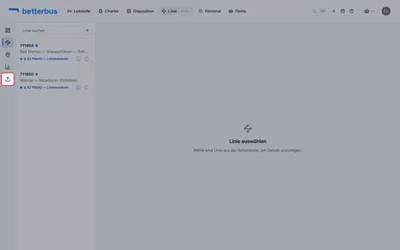 Der Import sitzt in der linken Leiste des Linien-Bereichs und heißt „Fahrplan importieren (Excel)". Beim Anlegen einer Linie wird er ein zweites Mal angeboten — wer die Datei schon hat, muss die Linie gar nicht erst von Hand anlegen.
