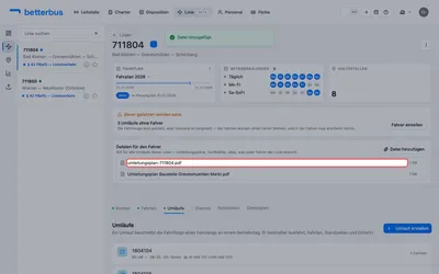 Die Datei erscheint mit Namen und Größe. Ein Klick darauf öffnet sie in einem neuen Tab — damit lässt sich prüfen, was der Fahrer zu sehen bekommt, ohne den Umlauf zu verlassen.