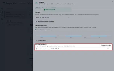 Im Umlauf, unter „Fahrer & Fahrzeug“, liegt dasselbe Panel noch einmal — hier für Dateien, die nur diesen einen Fahrzeugtag betreffen. Der Hinweistext sagt jeweils, für wen die Datei gilt, damit die Wahl nicht vom Gedächtnis abhängt.