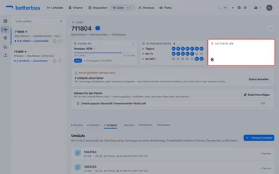 Die Karte „Haltestellen“ auf der Linienseite öffnet die Liste aller Halte der Linie.