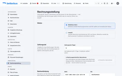 Öffne „Einstellungen“ → „Rechnungsstellung“. Hier stehen Skonto, die Vorschläge fürs Mahnwesen und die Konten für den Steuerberater-Export.