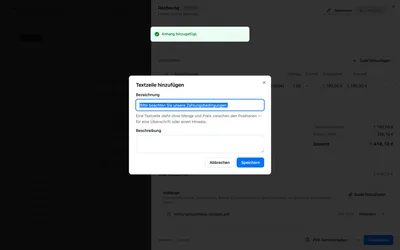 Eine Textzeile hat keine Menge und keinen Preis — nur eine Bezeichnung und optional eine Beschreibung. Sie rechnet nichts, sie steht einfach im Dokument.