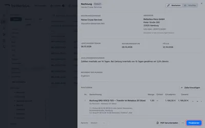 Stimmt alles, klickst Du auf „Finalisieren“. Damit bekommt die Rechnung ihre Nummer und ist ab sofort unveränderbar.