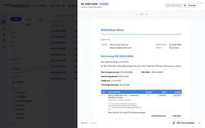 Die Rechnung hat jetzt eine Rechnungsnummer und steht auf „Finalisiert“. Die PDF enthält automatisch den maschinenlesbaren Datensatz einer E-Rechnung.