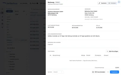 Der Entwurf ist da — und er ist leer. Keine Position, kein Leistungszeitraum aus einer Fahrt, kein Auftrag dahinter: was auf der Rechnung stehen soll, schreibst Du jetzt hinein.