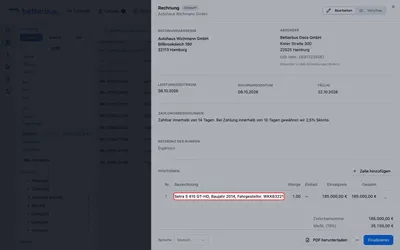 Die Position steht im Entwurf, die Summen unten rechnen mit. Ab hier ist die freie Rechnung eine Rechnung wie jede andere: finalisieren, als PDF festschreiben, per E-Mail versenden — der Weg dafür steht in „Rechnung erstellen“.