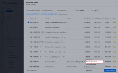 Wähle den Auftrag und stelle den Dokumenttyp unten links auf „Anzahlungsrechnung“.