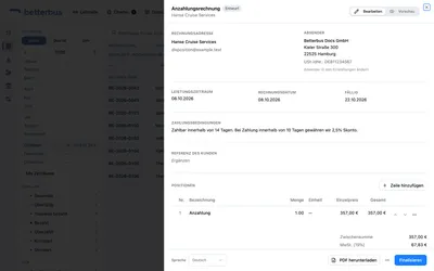 Die Anzahlungsrechnung zeigt eine einzige Position „Anzahlung“ — nicht die Einzelpositionen des Auftrags. Die kommen später auf die Schlussrechnung.