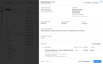 Die Schlussrechnung nennt die gesamte Leistung und zieht die Anzahlung wieder ab — einmal netto und einmal die darin enthaltene Umsatzsteuer. Unten steht, was noch zu zahlen ist.