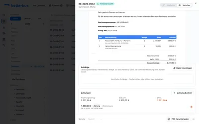Die Rechnung steht jetzt auf „Teilweise bezahlt“ und bleibt mit dem Restbetrag in den Offenen Posten. Jede Zahlung ist eine eigene Zeile mit eigenem Datum.