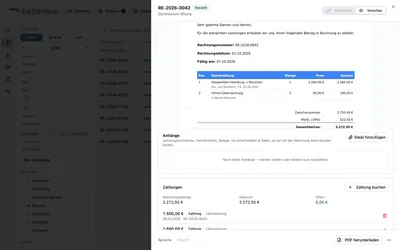 Offen 0,00 € — die Rechnung springt von selbst auf „Bezahlt“. In der Liste der Zahlungen stehen beide Zeilen: die Überweisung und der gewährte Skonto.