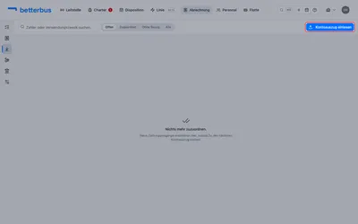 Öffne „Abrechnung“ → „Zahlungseingang“. Am Anfang ist die Warteschlange leer — sie füllt sich erst, wenn Du den ersten Auszug einliest. Klicke auf „Kontoauszug einlesen“.