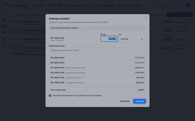 Der Dialog ist mit dem Vorschlag vorbelegt: Rechnung, Betrag und Art stehen schon da, und unten steht 0,00 € nicht zugeordnet. Passt es, drückst Du nur noch auf „Zuordnen“.
