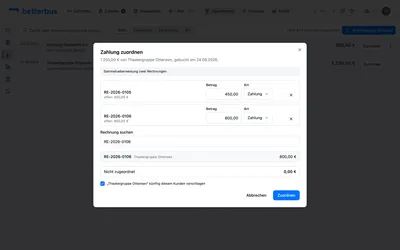 Mit der zweiten Rechnung steht „Nicht zugeordnet“ auf 0,00 € — die Zahlung geht auf. Bliebe ein Rest, wäre das auch in Ordnung: der Umsatz stünde danach als „Teilweise zugeordnet“ weiter in der Warteschlange, bis Du auch den Rest untergebracht hast.