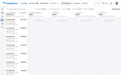 Öffne „Abrechnung“ → „Offene Posten“. In der Leiste oben stehen die Suche, die Summen nach Alter und der offene Gesamtbetrag — darunter die Mahntreppe.
