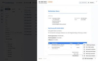 Die Rechnung trägt jetzt die Mahnstufe. In den Offenen Posten steht das Datum unter „Zuletzt gemahnt“, damit niemand versehentlich gleich noch einmal mahnt.