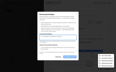 Der Dialog sagt zuerst, was passieren wird: Nummer und Rechnungsdatum bleiben, die bisherige Fassung bleibt gespeichert — und weil diese Rechnung schon versendet ist, steht sie danach wieder auf „nicht versendet“. Eine Berichtigung wirkt erst, wenn die Kundschaft sie hat.