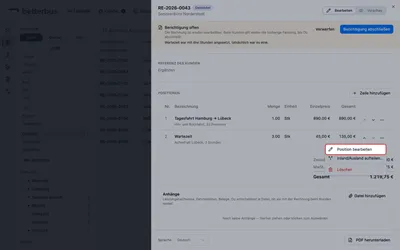 Jede Position hat ihr eigenes Menü am rechten Rand — dasselbe wie am Entwurf. „Position bearbeiten“ öffnet sie.