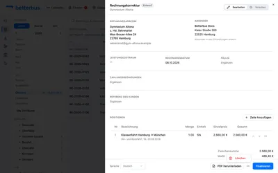 Die Korrektur entsteht als eigenes Dokument mit eigener Nummer — zunächst als Entwurf. Prüfe sie und finalisiere sie wie eine normale Rechnung; erst dann ist sie ausgestellt.