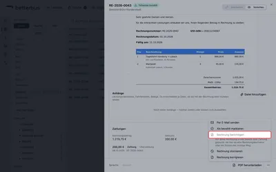 Sobald eine Zahlung gebucht ist, ist die Berichtigung ausgegraut — und darunter steht, warum. Die App verschweigt den Weg nicht, den sie nicht mehr anbietet: sonst sucht man ihn, findet ihn nicht und nimmt das Storno, das man nicht gebraucht hätte.